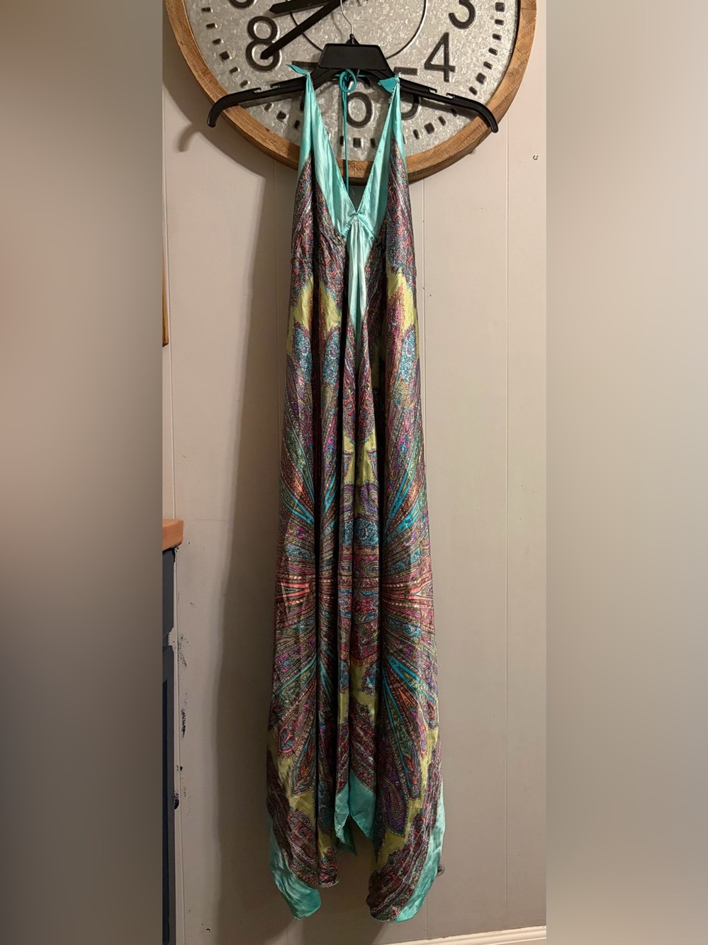 Printed Maxi Dress in Teal and Olive Halter Tie Back